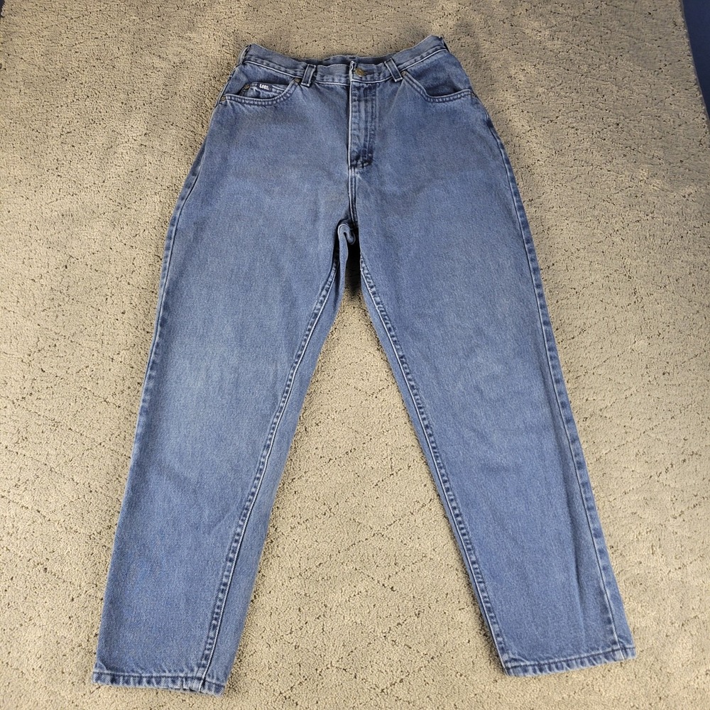 VTG Lee Mom Jeans Womens 12P Blue Mom Jean High Rise Made In USA Leather Patch